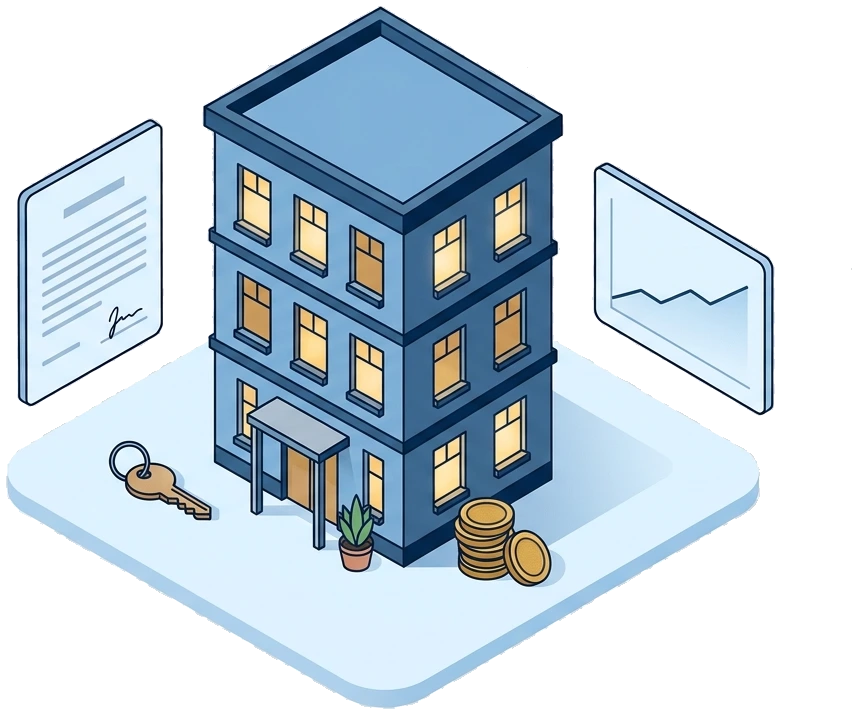 A rented apartment building with its lease, a key and the rent it produces