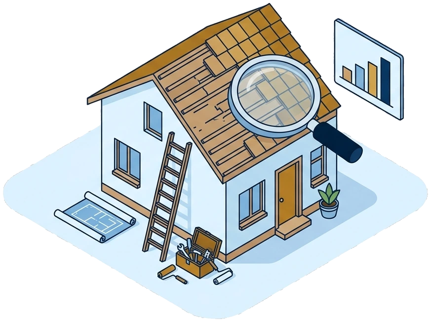A house mid-renovation: roof part re-tiled, a ladder against the wall, plans and a toolbox at its feet